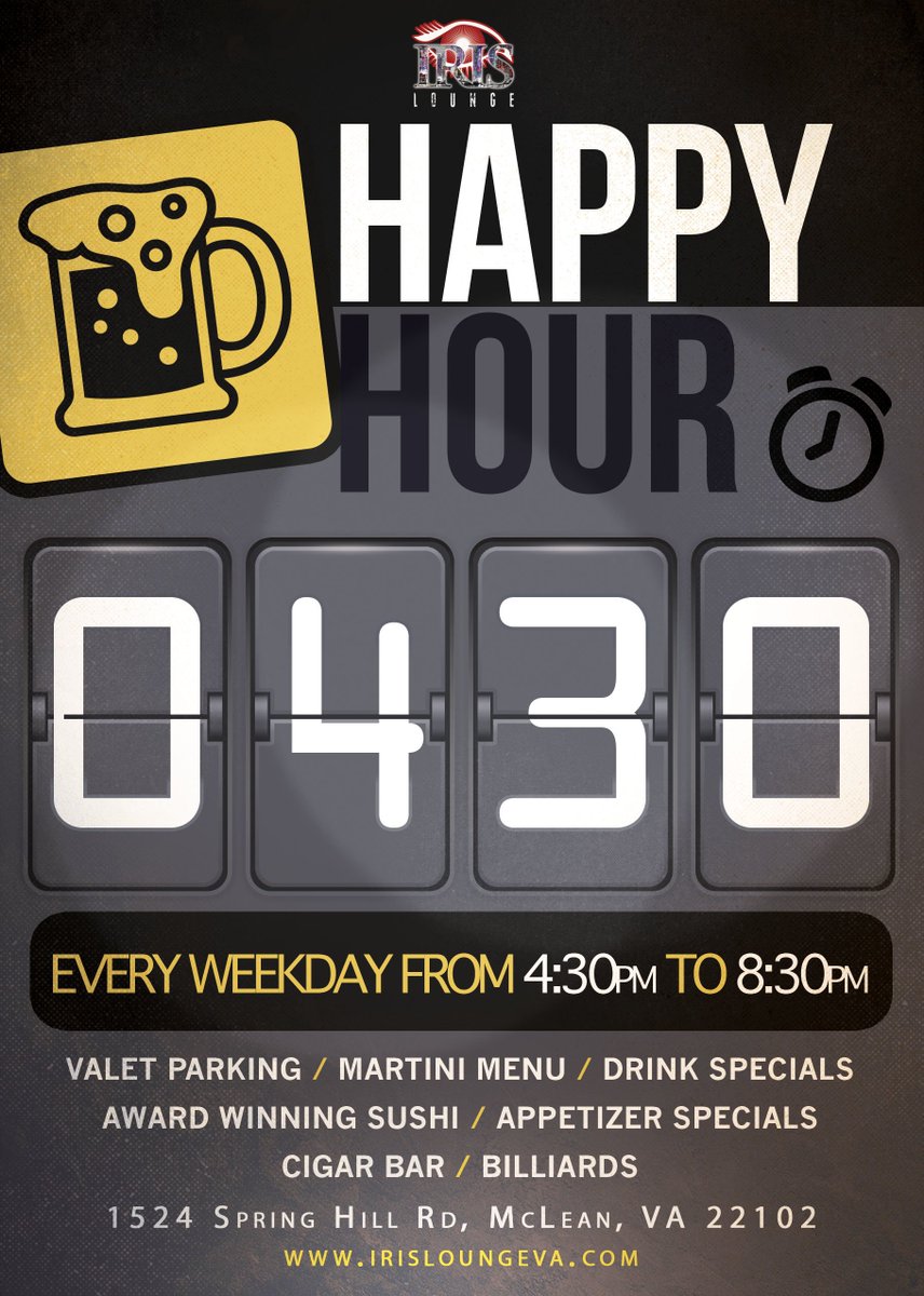iris_lounge's tweet photo. #HappyHour Specials 4:30-8:30 PM! $3-$5-$7 Appetizers &amp; $5 beers, house wine+rail drinks! https://t.co/Z2JHliLnEh https://t.co/v1m2THrwqw