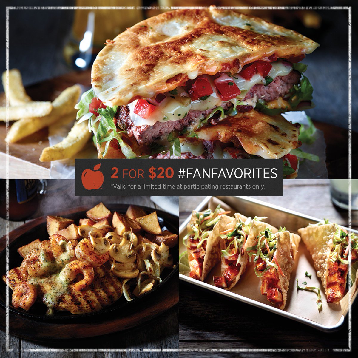 Applebees's tweet photo. The cravings you ask for by name. 2 for $20 #FanFavorites https://t.co/mxLGgIeG7z