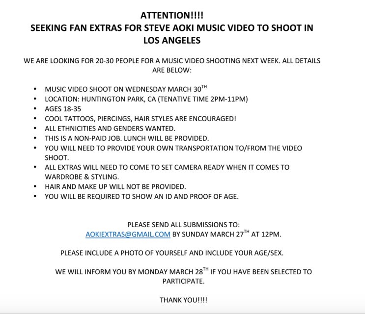 Looking for fans to be in my music video shooting next week!! Email submissions here: aokiextras@gmail.com https://t.co/vSDhKN1jfP
