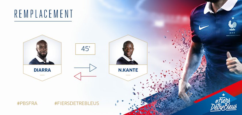 equipedefrance's tweet photo. Changement à la mi-temps avec la sortie de Lass' Diarra pour N'Golo Kanté #PBSFRA https://t.co/xqm8LVNoMR