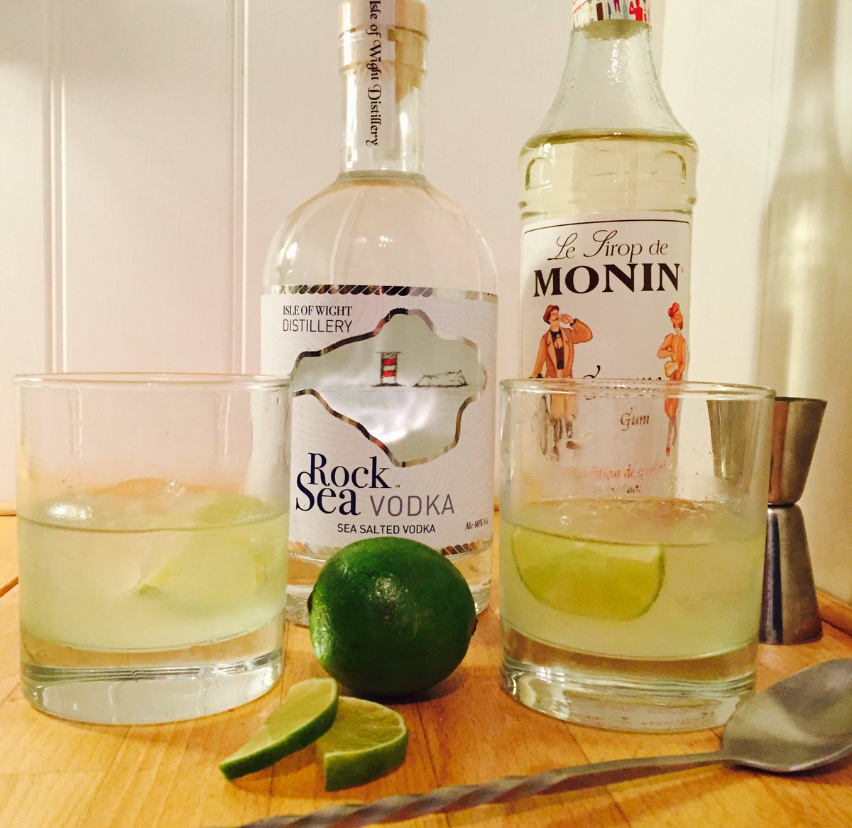 Vodka Gimlet~ Rock Sea Vodka (slightly sea salted), half a freshly squeezed lime, splash of syrup, ice &amp; a slice.