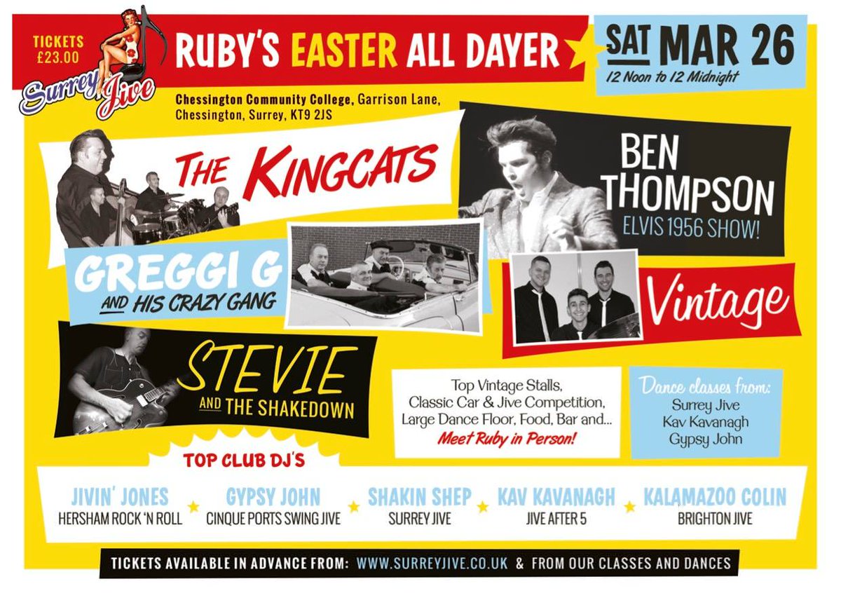 Sat 26 Mar 12 noon - 12 midnight 
Rock n Roll event 5 bands, 5 DJs, 50's cars
Chessington Community College KT9 2JS