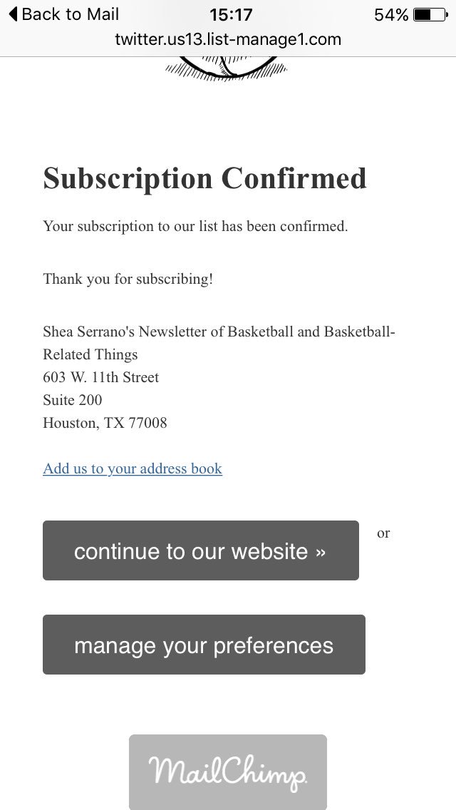 rudimazzaro's tweet photo. @SheaSerrano sending newsletters all the way to South Africa https://t.co/izbTttYSkd