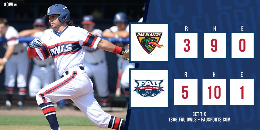 FAUBaseball's tweet photo. OWLS WIN! 

Stephen Kerr: 2 BB, 2 runs, 2 SB, RBI

Game two coming up in 30 minutes

#FAU https://t.co/4qiN7ZS030