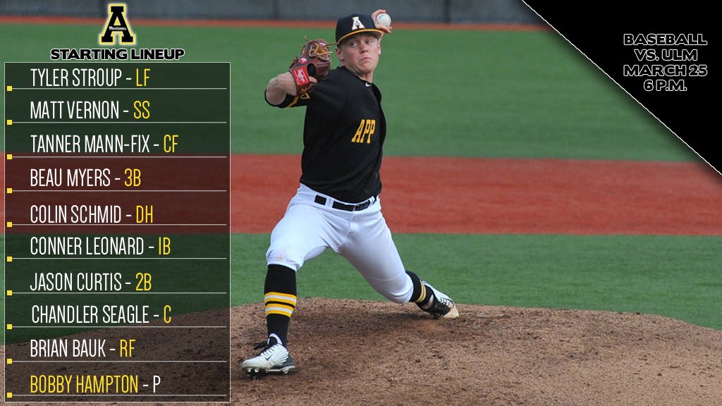 appstatesports's tweet photo. .@AppBaseball starting lineup for game two of its Sun Belt series vs. ULM. First pitch at 7 pm ET. https://t.co/pVmKQD1od5