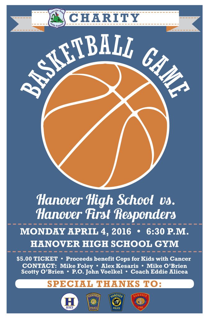 CedarElementary's tweet photo. Cops for Kids with Cancer Student & First Responder Basketball Game 4/4/16 6:30PM @HanoverHSMA Tix $5 at door #CFKWC https://t.co/rastQTxTxg
