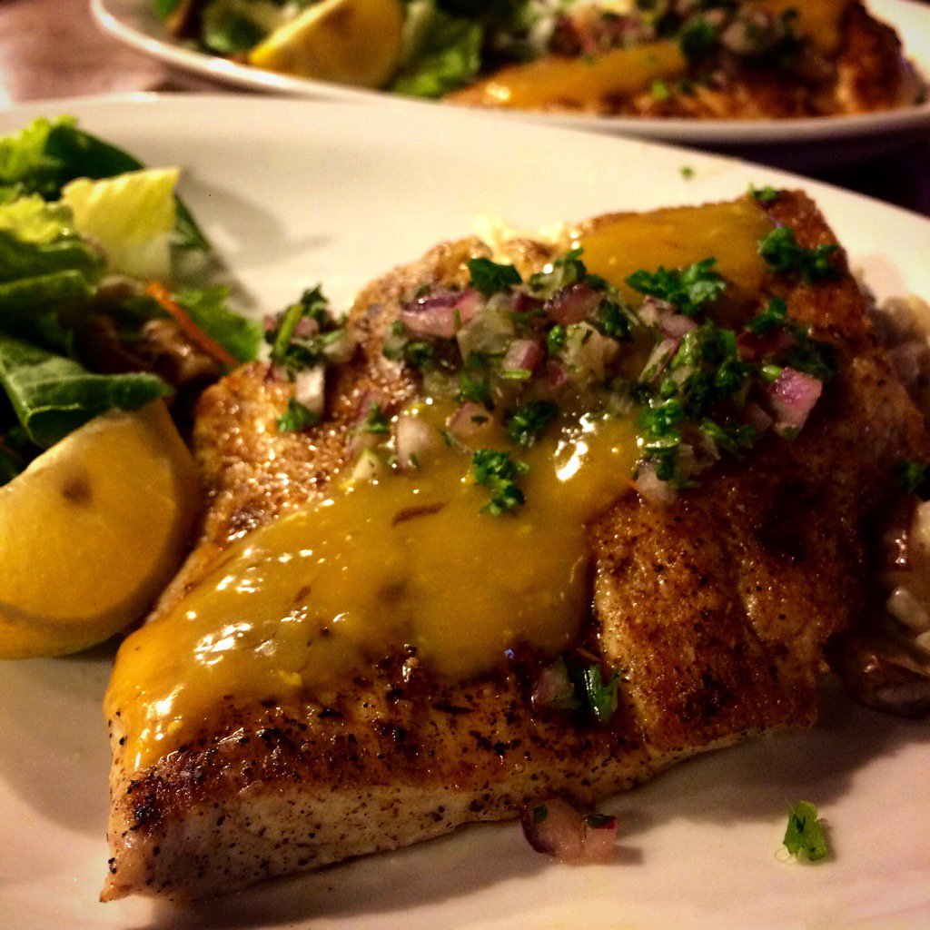 FIVEAthens's tweet photo. Bronzed Amberjack topped with a lemon demi and gremolata over portobello mushroom risotto #gulftotable @harbordocks https://t.co/LPgTzfZbu2