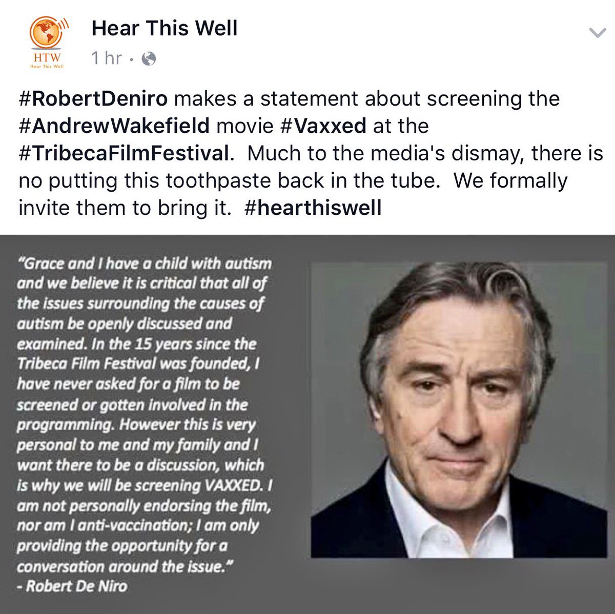 RhondaMcMahon24's tweet photo. Thank you Robert De Niro. Deal with it mainstream media. #Vaxxed #HereThisWell #Tribeca2016 #autism #vaccines https://t.co/qfg2wRek0U