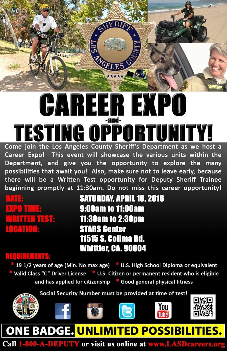 mplasd's tweet photo. Los Angeles Co. Sheriff Career Expo: 9-11am,Sat, Apr.16,2016. Exam:1130am in Whittier #SGV #Hiring #JoinLASD #LASD https://t.co/o4lOkP7h0K