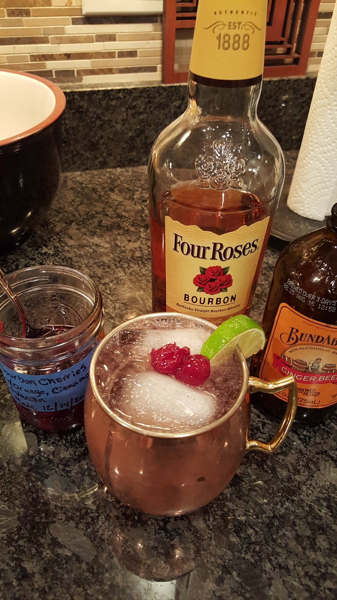 MickBourbon's tweet photo. #fridaynightcocktail - A Cherry Bourbon Mule with @4RosesBourbon and homemade bourbon cherries. #delicious https://t.co/at8ePbN8AF