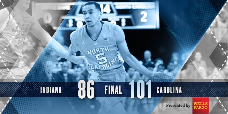 UNC_Basketball's tweet photo. FINAL: Carolina 101, Indiana 86. UNC will face Notre Dame on Sunday at 8:49 p.m. #UNCBBall #HeelsLockIn @WellsFargo https://t.co/DYZ7y2G0gz