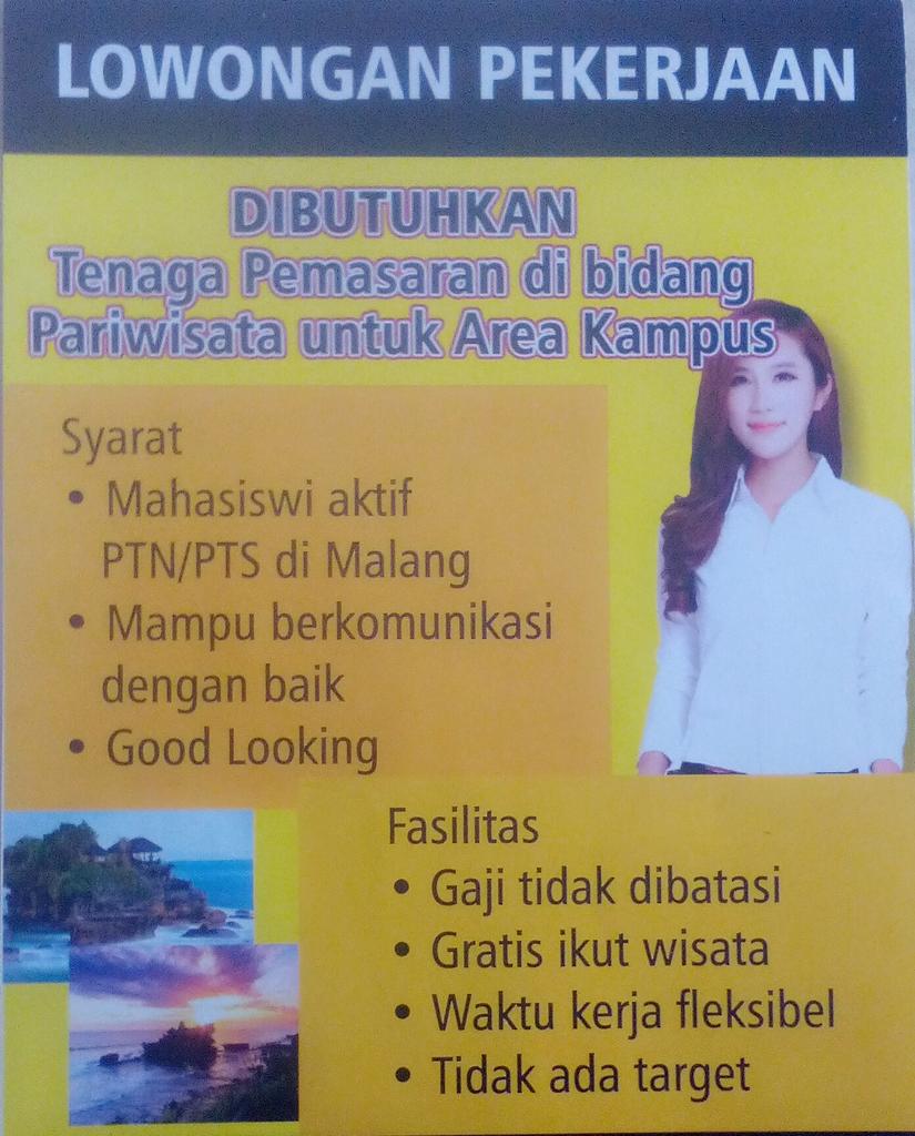 WISATAwisata's tweet photo. Lowongan pekerjaan bagi kalian yang masih mahasiswi area malang raya @Lokermalang @LokerDir https://t.co/LXuiQRkRRa