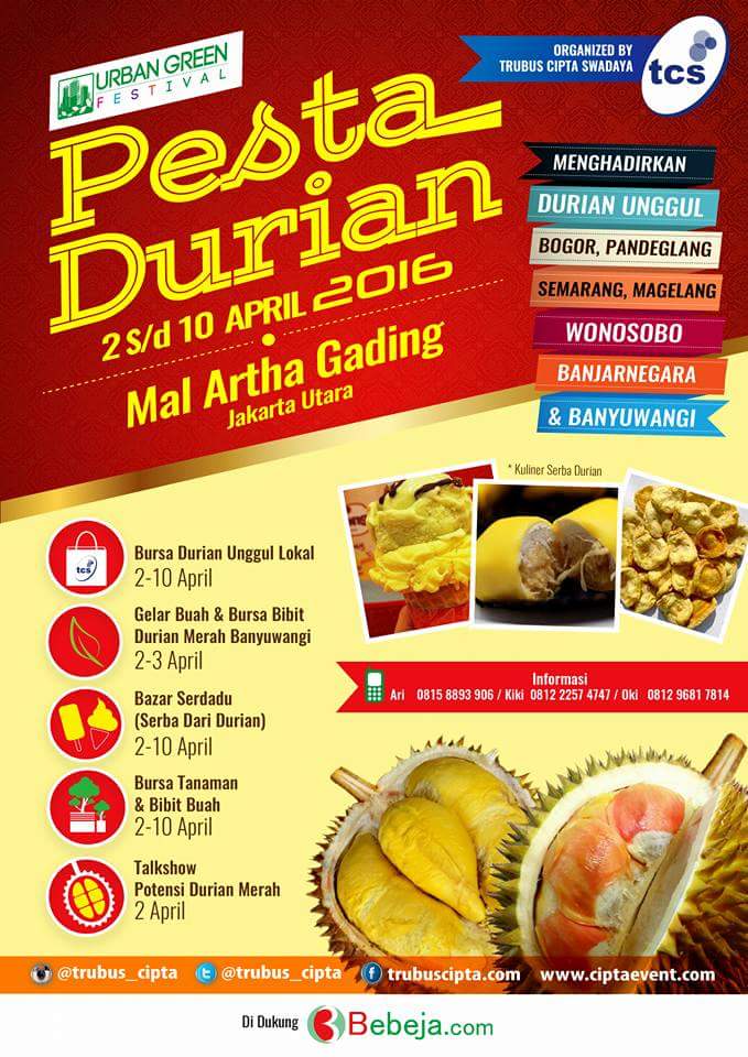 InfoTjPriok's tweet photo. Pesta Durian 
Tanggal 2 - 10 April 2016
Yuks aja followernya kesini @JamilAzzaini  @NuningWidowati @irmasoulhealer https://t.co/ICFlN2siRU