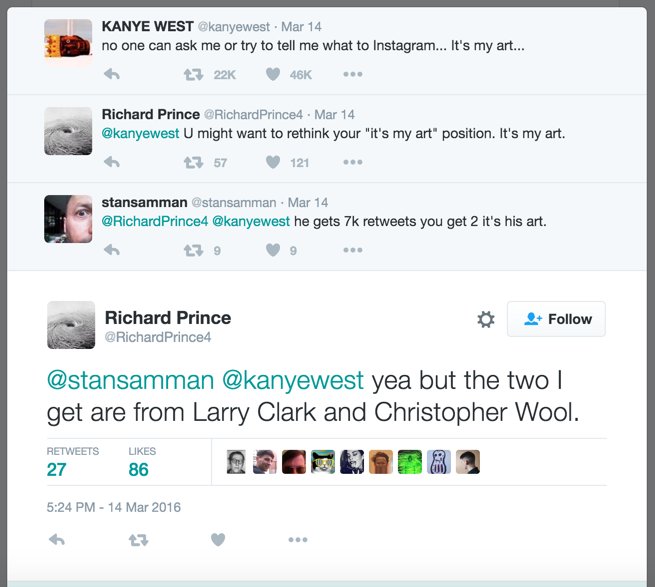Luke_Turner's tweet photo. .@RichardPrince4 demonstrating why these self-congratulatory privileged old guard artists are irrelevant @kanyewest https://t.co/04jZjlj0vb