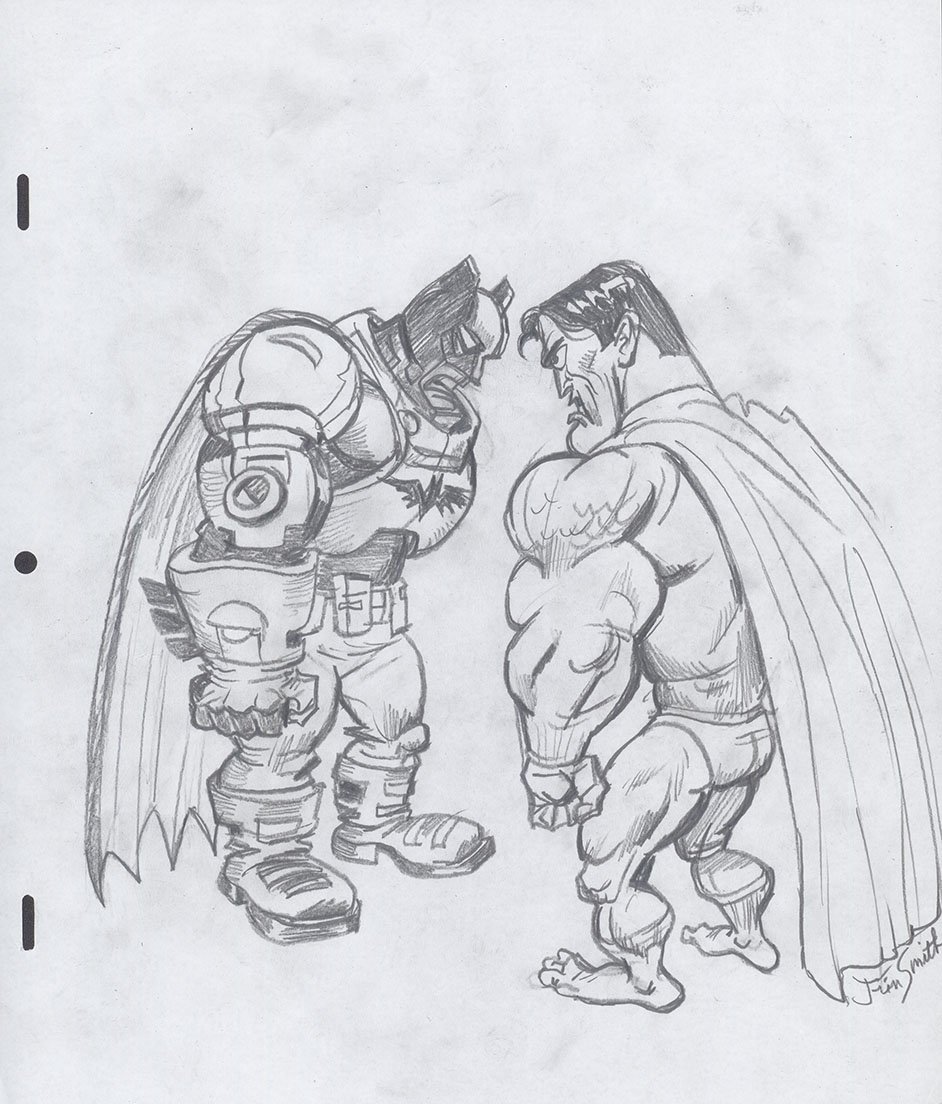 jimsmithstudios's tweet image. Batman and Superman face off. #BatmanVsSuperman #Batman #Superman #Sketch #Drawing