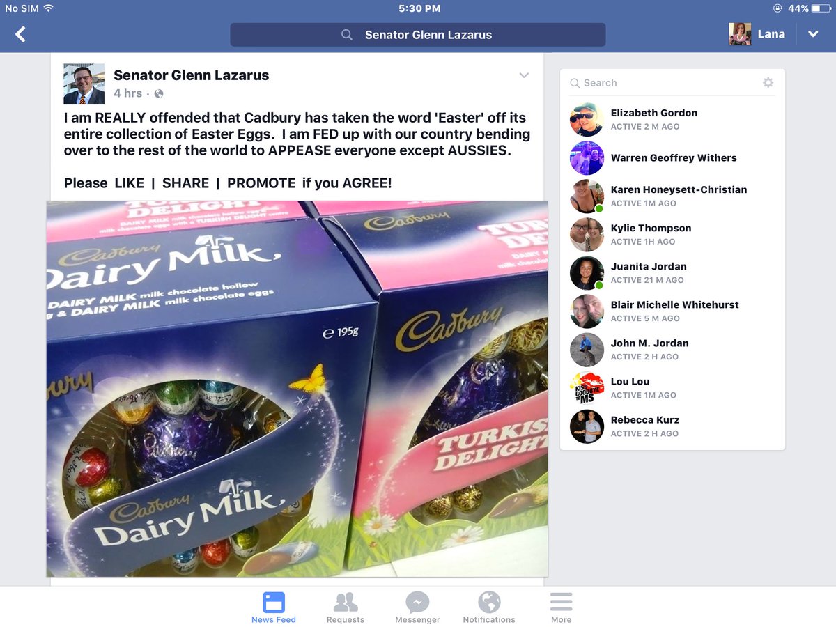 Lana0204's tweet photo. @SenatorLazarus is currently attempting a fear/hate campaign against @CadburyAU on FB but all FALSE claims! https://t.co/ihmKHUSQo7