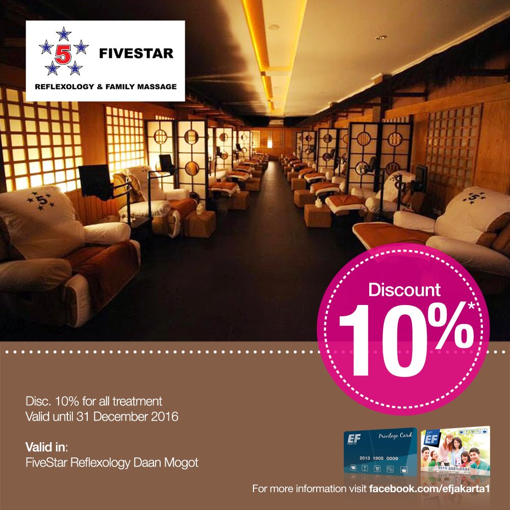 EFJakarta1's tweet photo. KHUSUS PENGGUNA #EFCARD! Dapatkan langsung diskon 10% di Fivestar Reflexology :) https://t.co/By6SpKMuOl