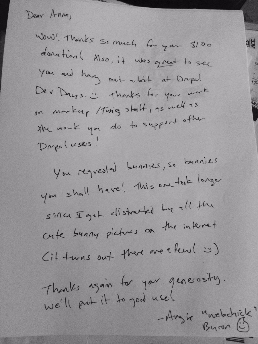 webchick's tweet photo. Better late than never(?) here is @akalata's letter + drawing of bunnies from #D8Accelerate! https://t.co/4OmqlIdyEI