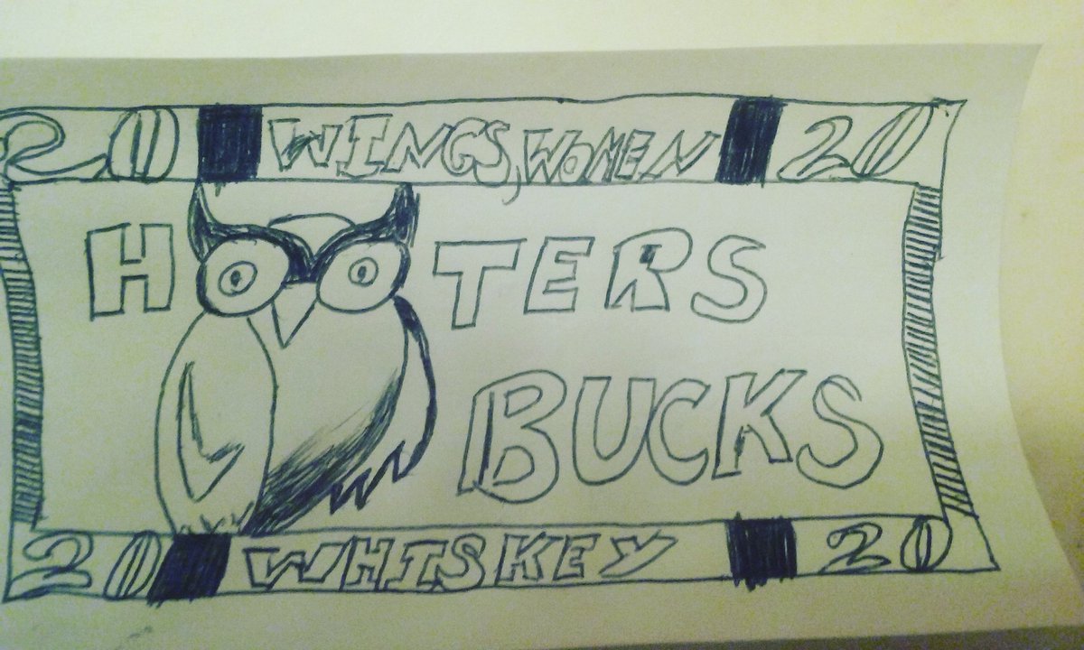 SkuzzyART's tweet photo. At Hooters Casino in Vegas, drew up my own money just like the Federal Reserve!  Same Value too ;) https://t.co/GEFE6tsH0i