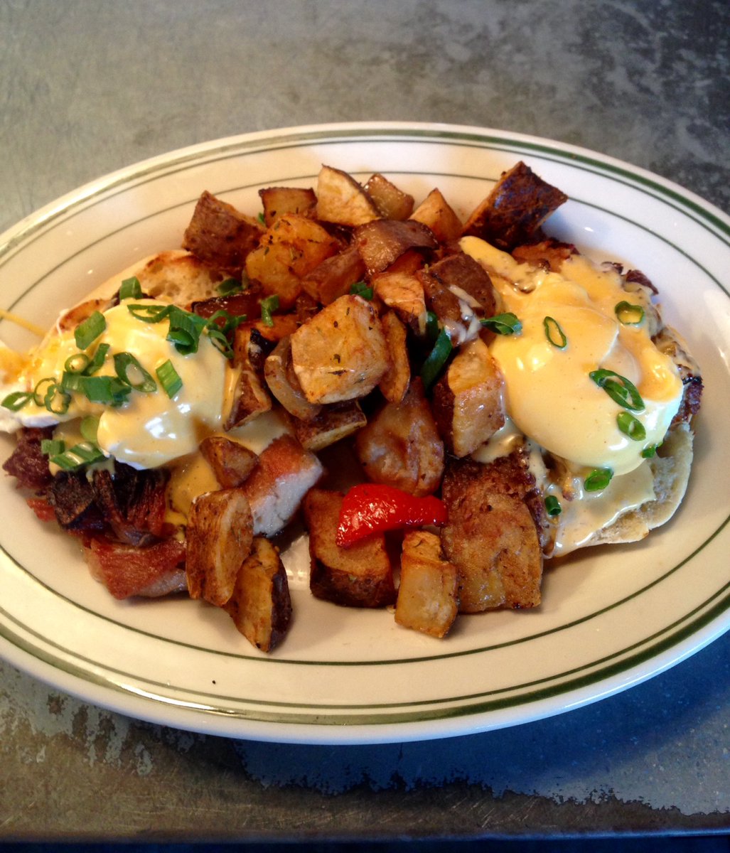 Liberty Pork Belly Benedict, hot sauce hollandaise and breakfast potatoes #lkhh #libertykitchen #houheights #brunch