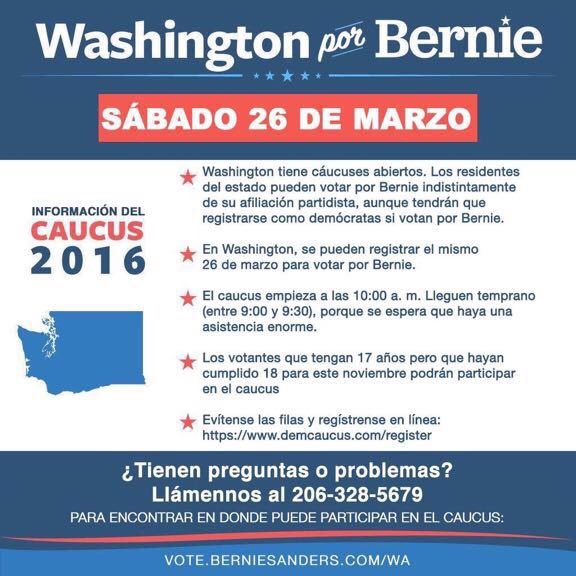 Latinos4Bernie's tweet photo. WASHINGTON | #GOTCforBernie TODAY! Check your location: https://t.co/eVyBoRaQ8J or text VOTE to 82623 #WAcaucus https://t.co/J94hNeCoCq