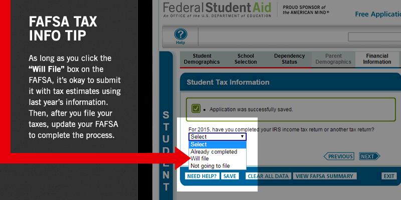 FAFSA's tweet photo. Haven't filed your 2015 taxes? You can (and should) fill out your FAFSA anyway. Here's how: https://t.co/zdpdFQYk3H https://t.co/VCvWbnLssN