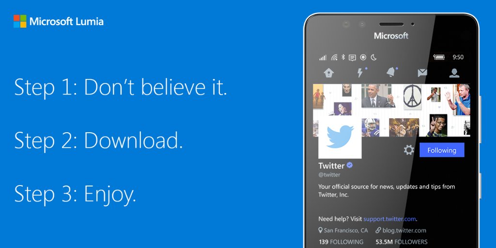 New update for Twitter! No, seriously. New features available now: lumia.ms/1Mbfcpb