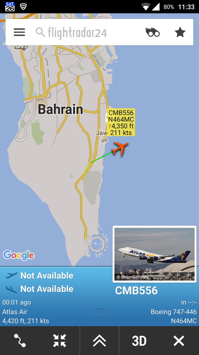 CivMilAir's tweet photo. Departed Sheik Isa Air Base #Bahrain 🇧🇭 
#USAF Camber flight 
Atlas Air B744 #N464MC CMB556 
https://t.co/rHUSeMWuVG https://t.co/iW6JomFj2y