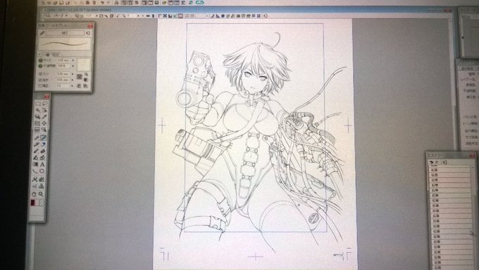 カラー原稿です。ペン入れが終わった状態です。これから塗り塗りします。色塗りはフォトショでやってます。以前はペインターを使っていましたが如何せん動作が重いので泣く泣く… 