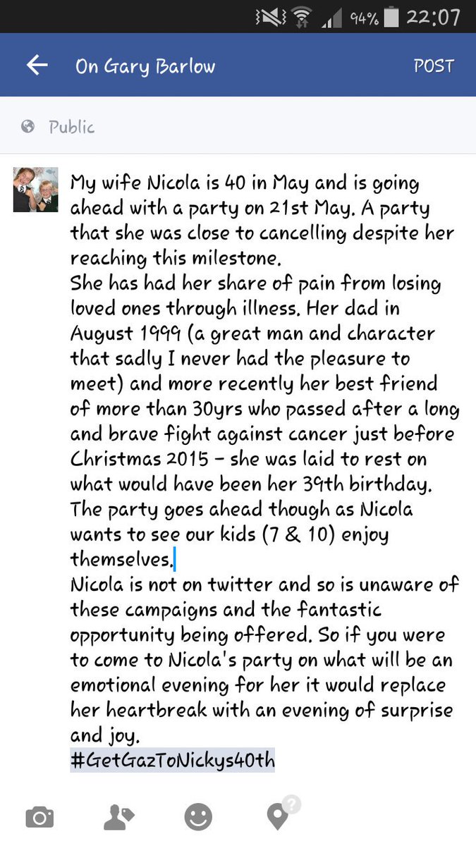 Jenks023's tweet photo. @GaryBarlow Please read and come to my wife's 40th #milestonebirthday #Nicola #40 #21stMay #secretcampaign https://t.co/QxdQO5TmkB