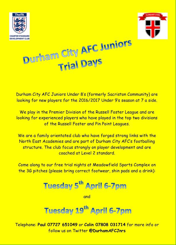 DurhamFC2020's tweet photo. The team are holding trials in preparation for the 2016/17 season. Call or DM for any more info. 👍🏼 #Grassroots https://t.co/L3Hl8dipQd