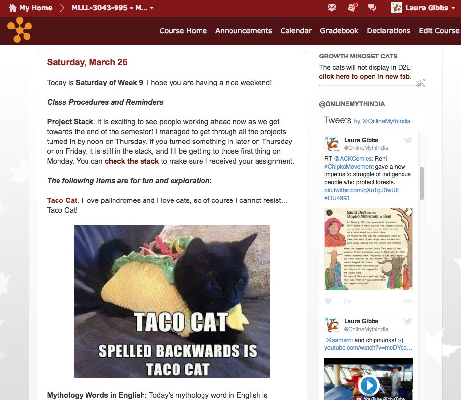 OnlineCrsLady's tweet image. Followup re: online presence: daily new announcements &amp;amp; tweets thanks to power of embedded widgets! #OpenTeachingOU