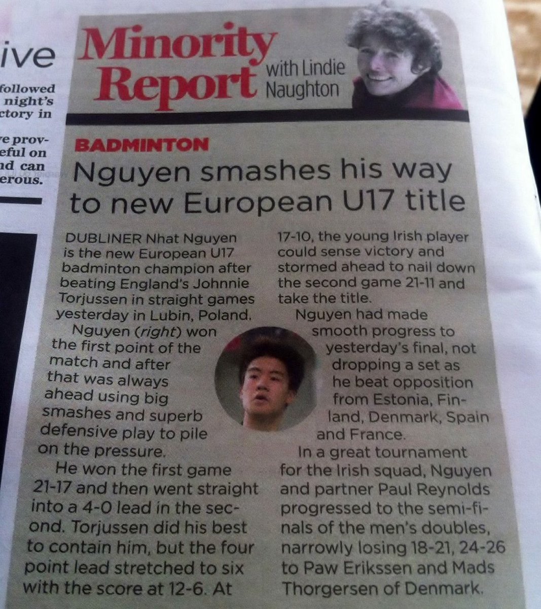 irishbadminton's tweet photo. Great article in The Herald on European Medalists by @Neacht. A big thanks for writing the piece https://t.co/VPY22luvw9