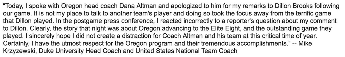 _Brian_Hamilton's tweet photo. Duke coach Mike Krzyzewski apologizes for Dillon Brooks postgame handshake line chat. https://t.co/WUQ4FJfhfF