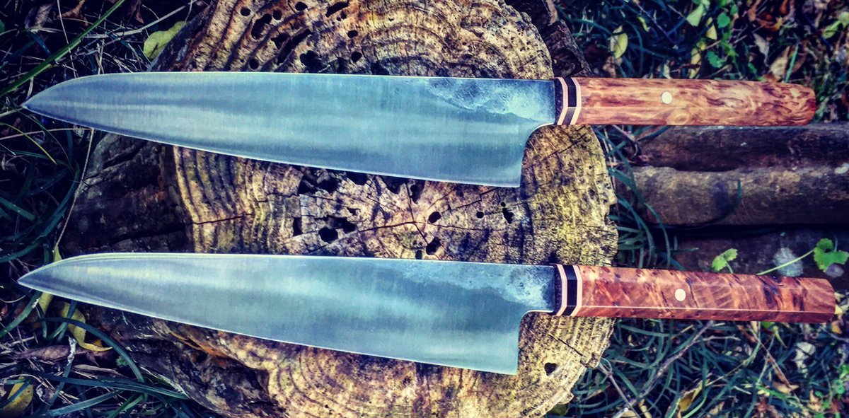 BazesBlades's tweet photo. Two custom #gyuto, #forged from hitachi white steel. #chef #cheflife #handmade #food #foodie #cook #cooking #japan https://t.co/NvTKYZvTfX