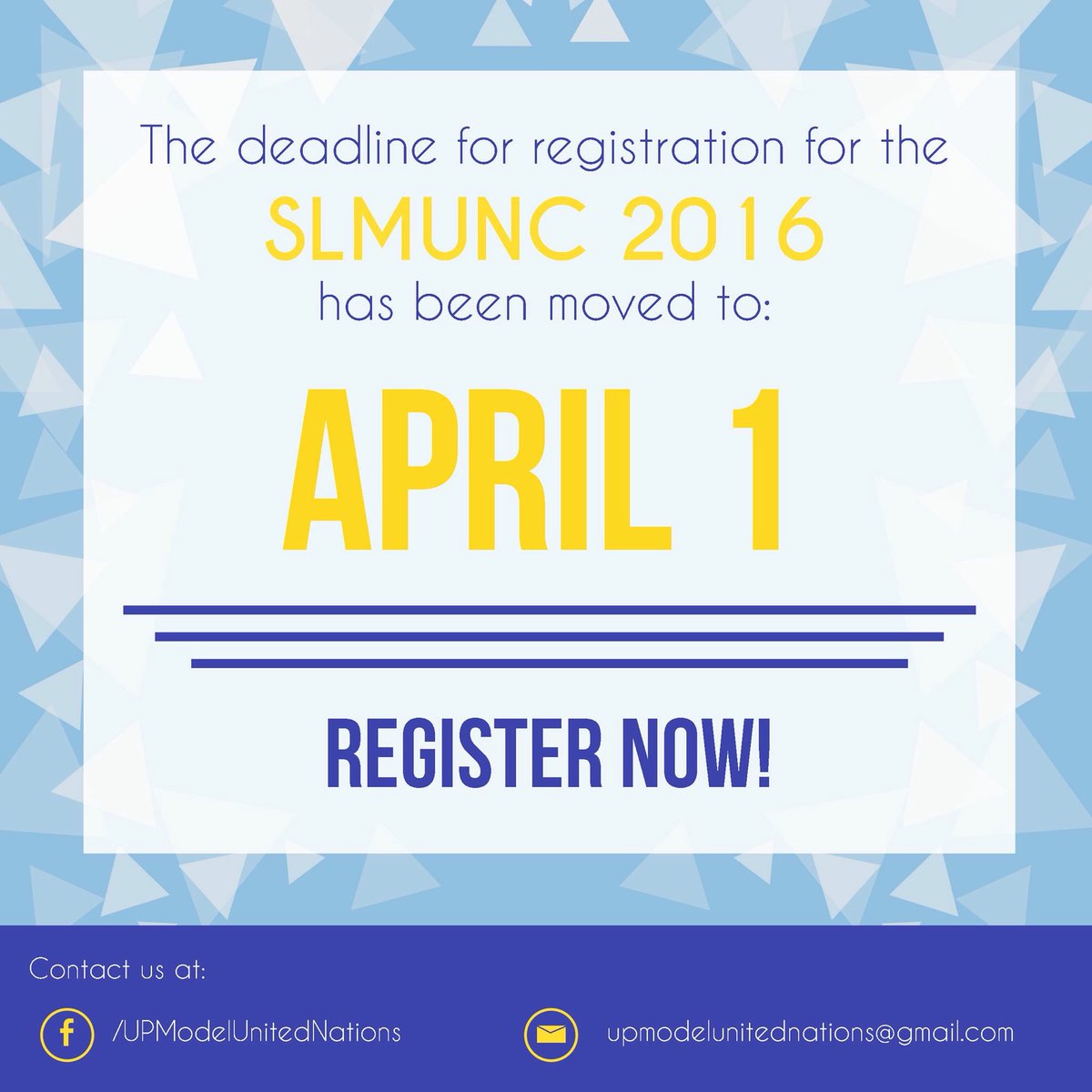 AdrielNisperos's tweet photo. You can still join #SLMUNC2016 this coming April 9 & 10! DM for inquiries. https://t.co/HKtsxpzSkT