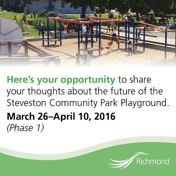 Richmond_BC's tweet photo. Today, 10am-2pm - bring your kids out to Steveston Comm Ctre &amp; share ideas on the future of #Steveston playground. https://t.co/Svit7oNAW4