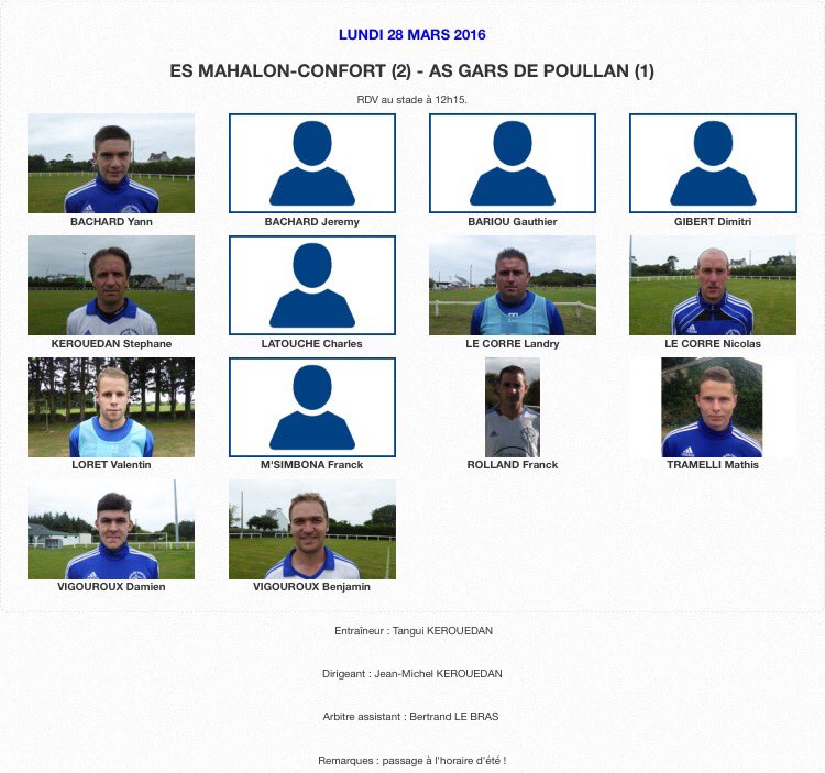 ESMAHALONCONF's tweet photo. Convocations de l'équipe B du week-end. Match lundi à 13h30 contre Poullan à Mahalon. https://t.co/l0dGTvQZTb
