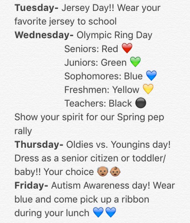 WTWSpiritWeek's tweet photo. CAVS! Spirit Week starts TUESDAY! Here are the days! https://t.co/7WWaYmPOcl