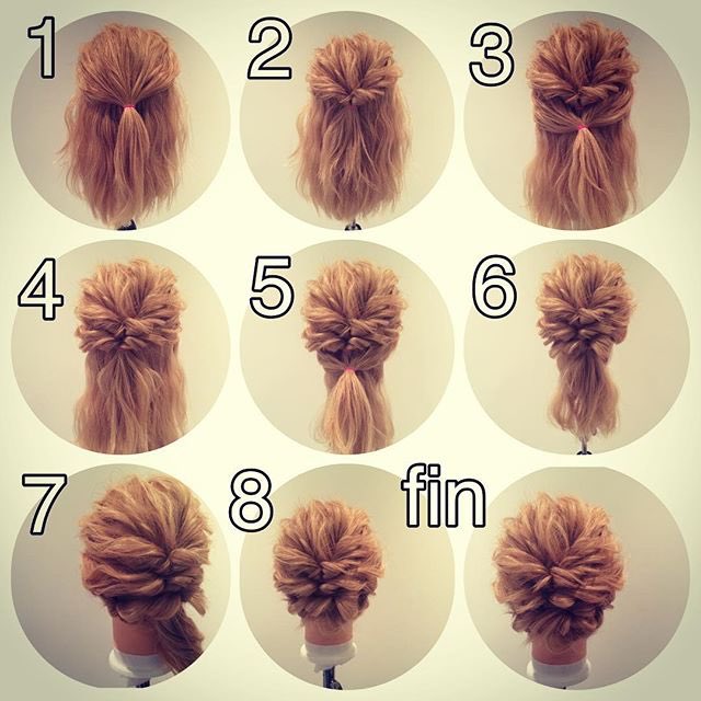 かわいいヘアスタイル 3段くるりんぱスタイル ハーフアップの位置でひとつ結び くるりんぱしてほぐす その下で結び くるりん ぱしてほぐします 繰り返すこ 下の毛を半分に分けてねじってピンでとめる 残っている毛も同じようにとめて完成