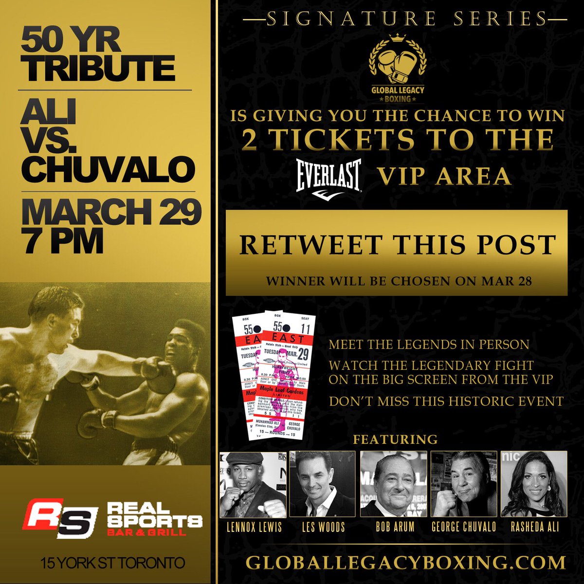 RETWEET this post for chance to win 2 tix to <a href="/EverlastCanada/">Everlast Canada</a> VIP AREA for 50thAnn <a href="/MuhammadAli/">Muhammad Ali</a> vs <a href="/GeorgeChuvalo/">George Chuvalo</a>