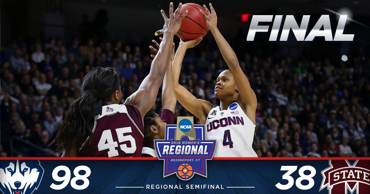 FINAL: #UConn 98, Miss. State 38. Huskies win with the largest margin of victory ever in #Sweet16 history.