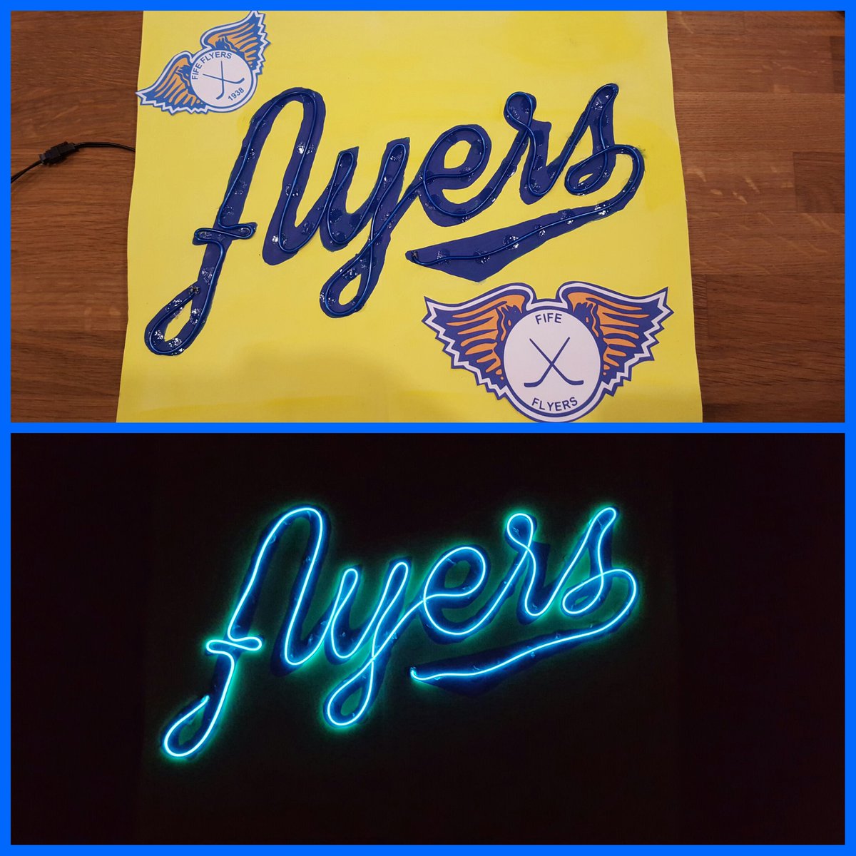 774lesley's tweet photo. @FifeFlyers @FlyersDJs what better way to spend a wet Saturday afternoon making a Flyers poster, it even lights up 🚨 https://t.co/KZHQ5Jjchj