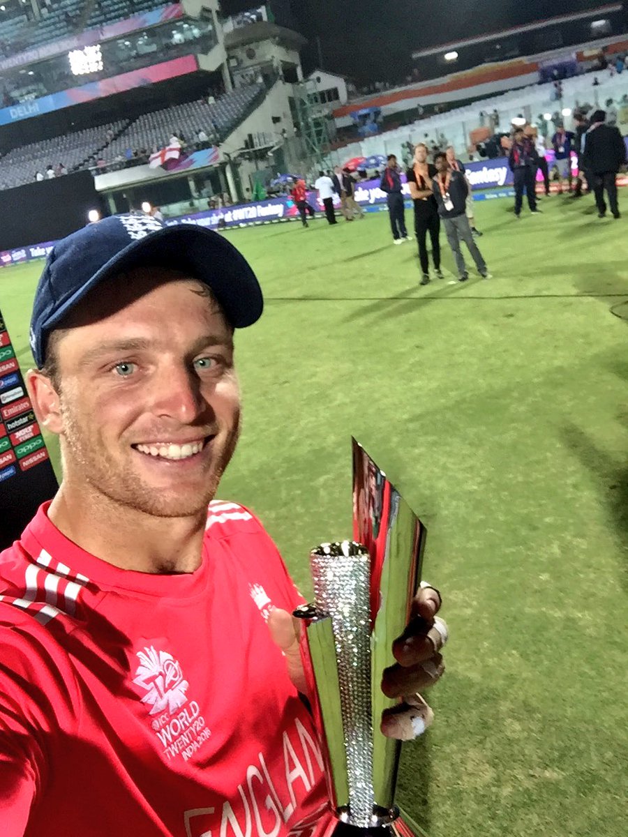 ICC's tweet photo. Jos Buttler takes a selfie with his Player of the Match trophy at the end of that brilliant game! #WT20 #ENGvSL https://t.co/7pUHZRvxEu