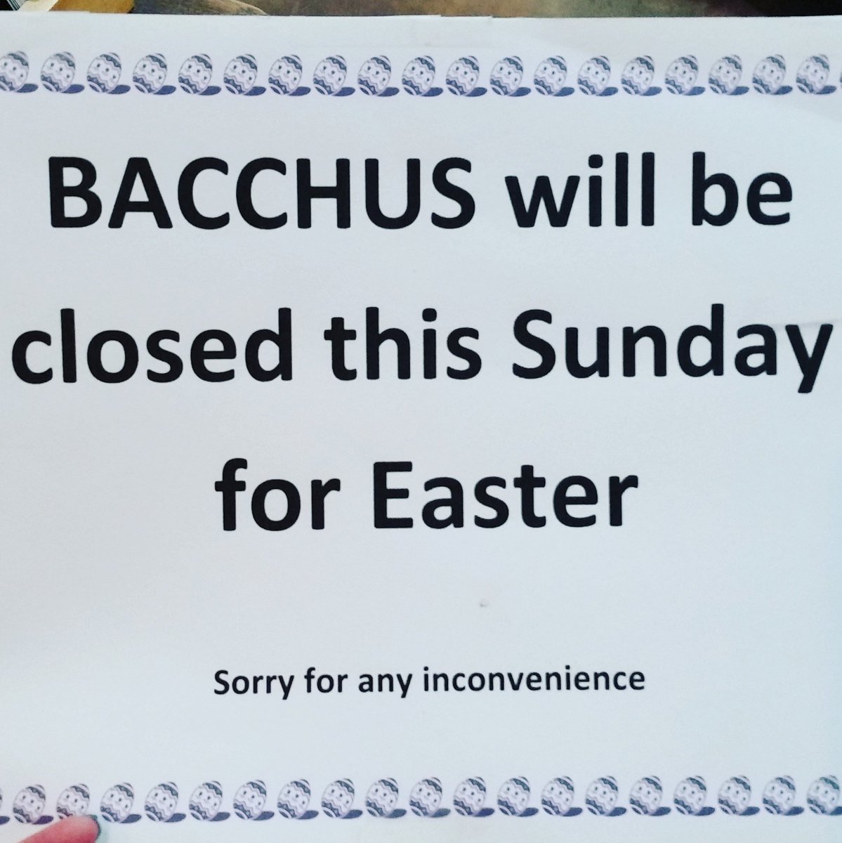 BacchusWineMB's tweet photo. We are closing tomorrow in observance of Easter.  #closedsigns #easter #holiday https://t.co/G1oOdSj26Z