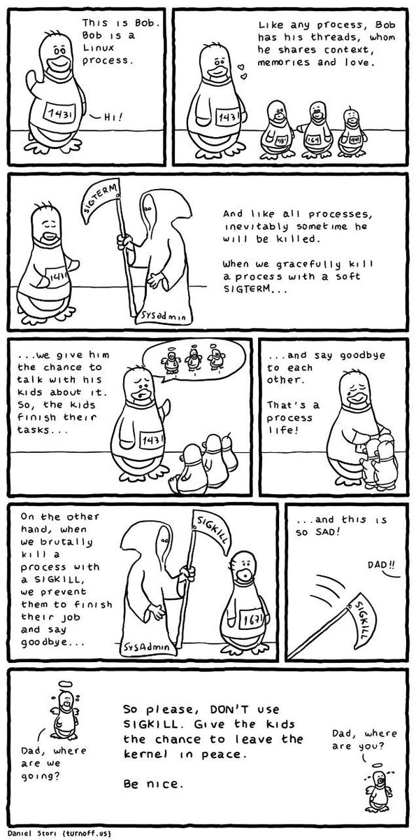 irLinja's tweet image. #SysAdmin #SIGTERM #SIGKILL
be nice to processes and their children 😆