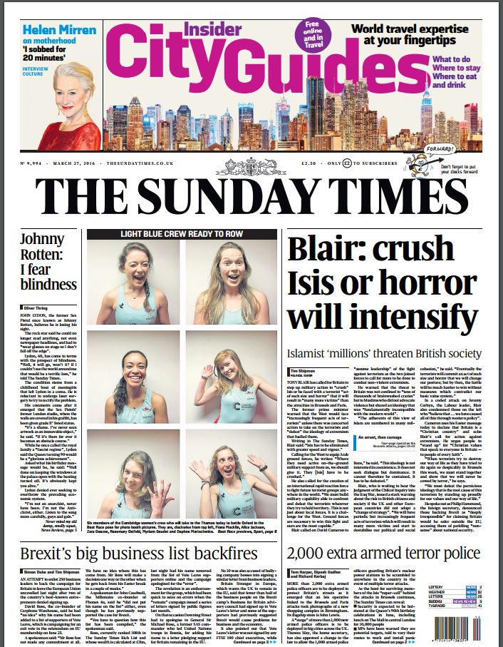 SkyNews's tweet photo. The Sunday Times front page: 'Blair: crush Isis or horror will intensify' #skypapers https://t.co/y7J3EXLbd2