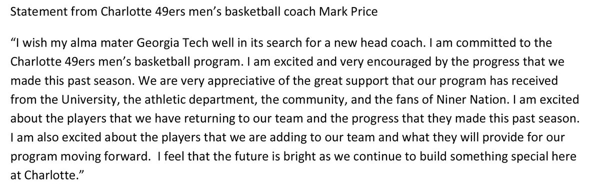 CharlotteMBB's tweet photo. Statement from @Mark25Price:  "I am committed to the Charlotte 49ers men’s basketball program." https://t.co/G0ZwLeARDs