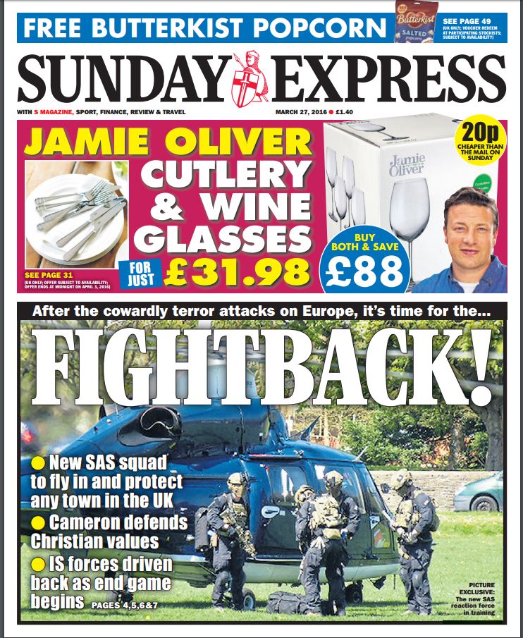 SkyNews's tweet photo. Sunday Express front page: 'After the cowardly terror attacks on Europe, it's time for the fightback!' #skypapers https://t.co/RMRhIHALOr