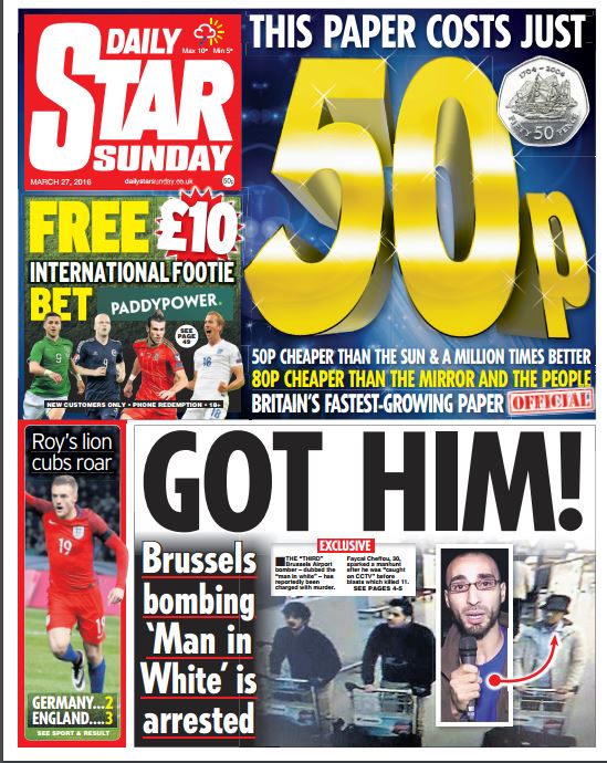 SkyNews's tweet photo. The Daily Star front page: 'Got Him! Brussels bombing 'Man in White' is arrested' #skypapers https://t.co/BPmMXVC1x6